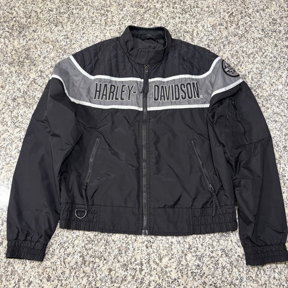 Vintage Harley Davidson Racing Jacket Mens Medium Black Grey Nylon Bomber USA⁠